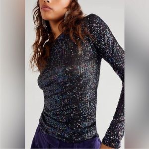 NWOT Intimately Free People Sequin Top Disco Iridescent Black Long Sleeve Tee